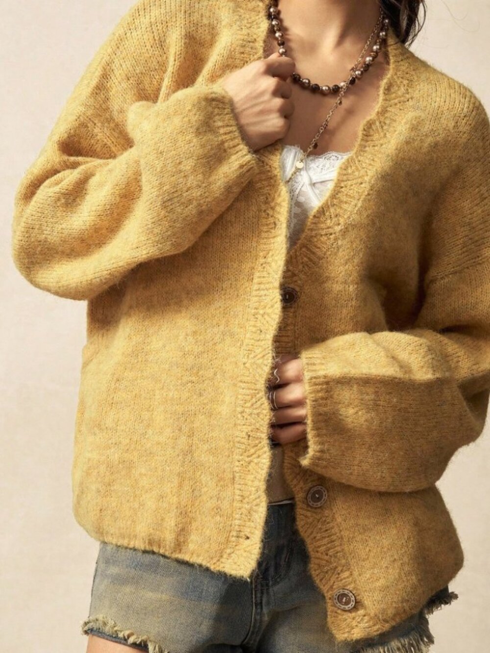 Golden Yellow Knit Cardigan, Loose V-Neck Button Front - Picture 6 of 8